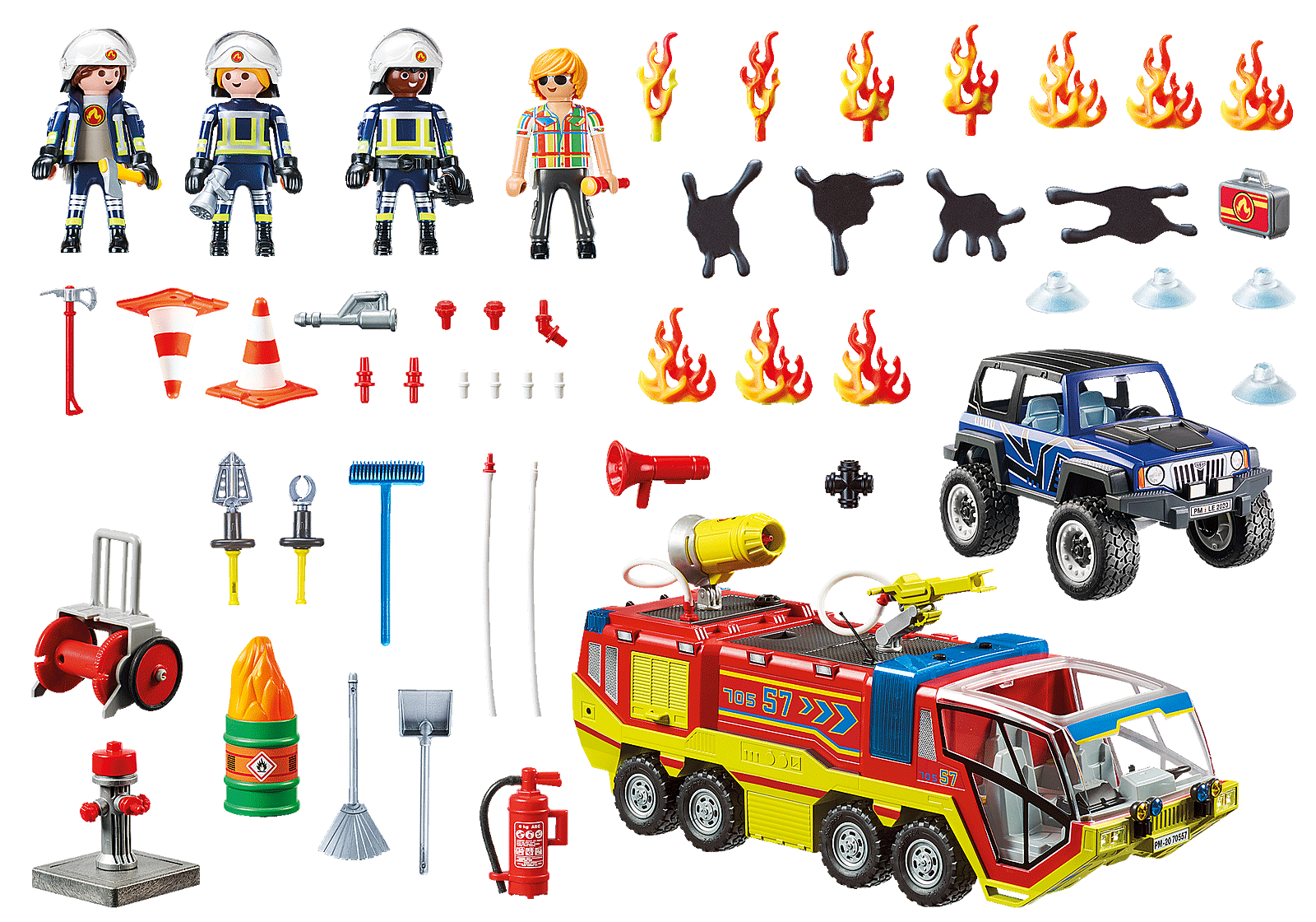 Camion de pompiers et véhicule enflammé_