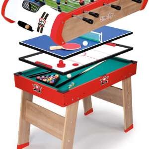 Smoby- Babyfoot Powerplay 4 en 1 - Ping Pong + Hockey et Billard - Structure Bois