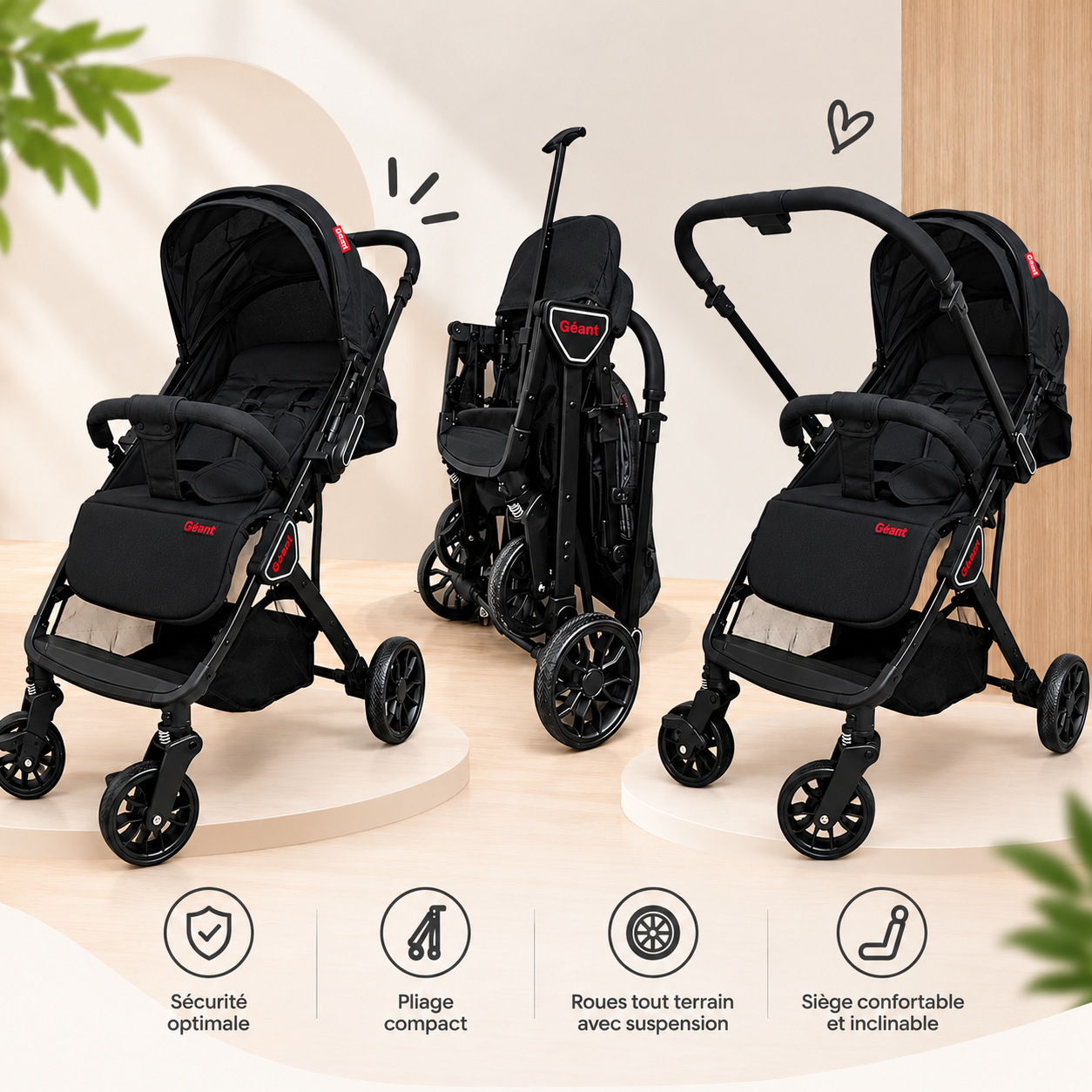 Poussette Bébé réversible Valise - Noir